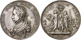 Charles IX (1560-1574). Médaille, le roi Charles IX juste et pieux, par Antoine Brucher 1564 (frappe postérieure), Paris.
Av. CAROLO NONO REGI PIISSI...