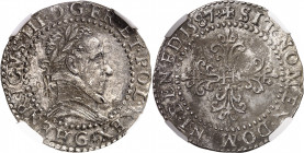 Henri III (1574-1589). Demi-franc au col plat 1587, G, Poitiers.
NGC MS 62 (5785796-090).
Av. (à 6 h.) HENRICVS. III D G FR. ET. POL. REX (différent...