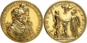 Henri IV (1589-1610). Médaille d’Or, Henri IV, Marie de Médicis et le dauphin, par G. Dupré 1603 (fonte postérieure), Paris.
Av. HENR. IIII R. CHRIST...