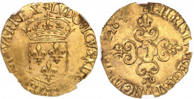 Louis XIII (1610-1643). Écu d’or au soleil, 1er type 163[0], I, Limoges.
NGC UNC DETAILS BENT (5785796-079).
Av. (à 12 h.) (soleil) LVDOVICVS. XIII....