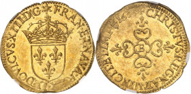 Louis XIII (1610-1643). Écu d’or au soleil, 1er type 1633, B, Rouen.
NGC MS62* (6270612-009).
Av. LVDOVICVS. XIII. D. G. FRAN. ET. NAVA. REX. Écu de...