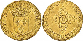 Louis XIII (1610-1643). Écu d’or au soleil, 1er type 1641, D, Lyon.
NGC MS 61 (5788038-020).
Av. (à 12 h.) (soleil) LVDOVICVS. XIII. D: G. FRAN. ET....