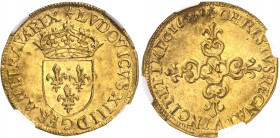Louis XIII (1610-1643). Écu d’or au soleil, 1er type 1643, M, Toulouse.
NGC MS 63 (5785796-103).
Av. (à 12 h.) (soleil) LVDOVICVS. XIII. D. G. FRAN....