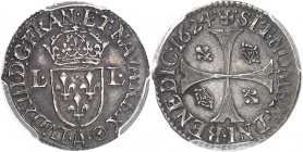 Louis XIII (1610-1643). Douzain d’argent au moulin 1624, A, Paris.
PCGS MS62 (40623474).
Av. LVD. XIII. D: G. FRAN. ET. NAVA. REX. Écu de France cou...