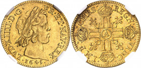Louis XIV (1643-1715). Louis d’or à la mèche courte 1645, A, Paris.
NGC MS 62 (6143412-001).
Av. LVD. XIIII. D. G. FR. ET. NAV. REX. Tête enfantine ...