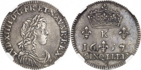 Louis XIV (1643-1715). Pièce de cinq liards ou sol parisis 1657, K, Bordeaux.
NGC AU 55 (5785797-023).
Av. LVD. XIIII. D. G. FR. ET. NAVAR. REX. Bus...