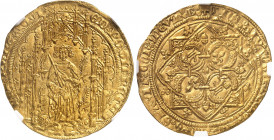 Aquitaine, Édouard IV, le Prince Noir (1362-1372). Pavillon d’or ou noble guyennois à la rose, 1ère émission ND (1362-1372), B, Bordeaux.
NGC MS 66 (...