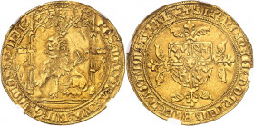 Hainaut (comté de), Philippe le Bon (1434-1467). Lion d’or ND, Valenciennes.
NGC UNC DETAILS CLEANED (5785796-129).
Av. PHSx DEIx GRAx DVXx BVRGx CO...