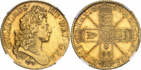 Guillaume III (1694-1702). 5 guinées à l’éléphant et au château 1699, Londres.
NGC MS 61 (6066350-011).
Av. GVLIELMVS. III. DEI. GRA. Buste du Roi à...