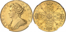 Anne (1702-1714). 5 guinées 1706, Londres.
NGC AU 53 (5785793-007).
Av. ANNA. DEI. GRATIA. Buste avec bandeau dans les cheveux à gauche. 
Rv. MAG. ...