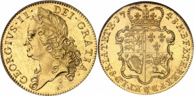 Georges II (1727-1760). 5 guinées, tête âgée 1748, Londres.
NGC MS 62 (3157713-011).
Av. GEORGIUS. II. DEI. GRATIA. Tête laurée à gauche. 
Rv. M. B...