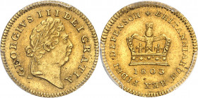 Georges III (1760-1820). Tiers de guinée 1803, Londres.
PCGS MS63 (41821028).
Av. GEORGIVS III DEI GRATIA. Tête laurée à droite. 
Rv. + BRITANNIARU...