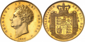 Georges IV (1820-1830). 5 livres (5 pounds), Flan bruni (PROOF) 1826, Londres.
NGC PF 61 (583996-011).
Av. GEORGIUS IV DEI GRATIA. Buste à gauche de...