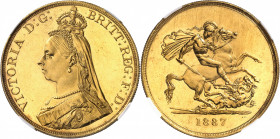 Victoria (1837-1901). 5 livres (5 pounds), jubilé de la Reine, aspect Flan bruni (PROOFLIKE) 1887, Londres.
NGC MS 63 PL (5785094-028).
Av. VICTORIA...