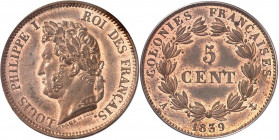 Louis-Philippe Ier (1830-1848). 5 centimes, Flan bruni (PROOF) 1839, A, Paris.
PCGS PR64RB (9783413).
Av. LOUIS PHILIPPE I - ROI DES FRANÇAIS. Tête ...