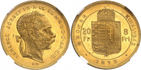 François-Joseph Ier (1848-1916). 20 francs / 8 forint, tête jeune 1873, KB, Kremnitz.
NGC MS 64 (5785796-065).
Av. FERENCZ JOZSEF I. K. A. CS. ÉS. M...