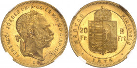 François-Joseph Ier (1848-1916). 20 francs / 8 forint, tête jeune 1876, KB, Kremnitz.
NGC MS 64 (5785796-066).
Av. FERENCZ JOZSEF I. K. A. CS. ÉS. M...