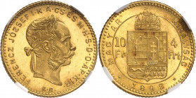François-Joseph Ier (1848-1916). 10 francs / 4 forint, aux armes de Fiume 1892, KB, Kremnitz (Körmöcbánya).
NGC MS 63+ (5784001-004).
Av. FERENCZ JO...