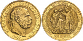 François-Joseph Ier (1848-1916). 100 korona, 40e anniversaire du couronnement à Budapest 1907, KB, Kremnitz (Körmöcbánya).
PCGS AU58 (44031047).
Av....