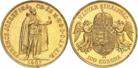 François-Joseph Ier (1848-1916). 100 korona 1907, KB, Kremnitz (Körmöcbánya).
PCGS MS61 (44031065).
Av. FERENCZ JOZSEF I. K. A. CS. ÉS M. H. S. D. O...
