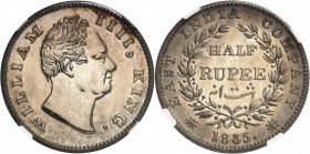 Guillaume IV (1830-1837). Demi-roupie, refrappe, aspect Flan bruni (PROOFLIKE) 1835 (C), Calcutta.
NGC PL 64 (2775078-005).
Av. WILLIAM IIII KING. T...