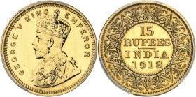 Georges V (1910-1936). 15 roupies, refrappe, Flan bruni (PROOF) 1918, Bombay.
PCGS PR62 (44031053).
Av. GEORGE V KING EMPEROR. Buste couronné à gauc...