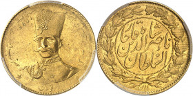 Nassereddine Chah (1848-1896). 2 toman AH 1299 (1881), Téhéran.
PCGS MS62 (44031023).
Av. Légende avec (date) et (atelier). Buste de trois-quarts fa...