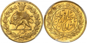 Nassereddine Chah (1848-1896). Essai de 1/2 toman (5000 dinars) en Or, avec indication de Téhéran AH 1281 (1864), Bruxelles ?
PCGS SP66 (44031055).
...