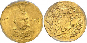 Mozaffareddine Chah (1896-1907). 1/2 toman (5000 dinars) AH 1319 (1901), Téhéran.
PCGS MS64 (44031024).
Av. Buste en uniforme de trois-quarts face à...