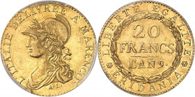 Gaule subalpine (1800-1802). 20 francs Marengo An 9 (1801), Turin.
PCGS AU58 (37646014).
Av. L'ITALIE DÉLIVRÉE À MARENCO. Buste drapé à gauche de la...