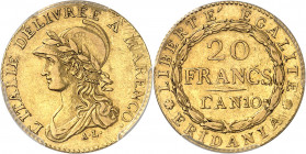 Gaule subalpine (1800-1802). 20 francs Marengo An 10 (1802), Turin.
PCGS AU53 (43256212).
Av. L'ITALIE DÉLIVRÉE À MARENCO. Buste drapé à gauche de l...