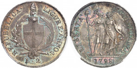 Gênes, République ligurienne (1797-1805). 2 lire 1798, An 1, Gênes.
PCGS MS62 (42242810).
Av. REPUBBLICA LIGURE. ANNO. 1. Dans une couronne formée d...