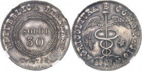 Lombardie, République italienne (1802-1805). Essai de 30 soldi, Flan bruni (PROOF) An II (1803), M, Milan.
NGC PF 64 (5785797-001).
Av. REPUBBLICA I...