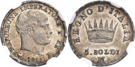 Milan, royaume d’Italie, Napoléon Ier (1805-1814). 5 soldi 1811, M, Milan.
NGC MS 63 (5978151-031).
Av. NAPOLEONE IMPERATORE E RE. Tête nue à droite...
