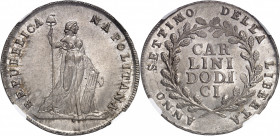 Naples, république parthénopéenne (1799). 12 carlini An 7 (1799), Naples.
NGC MS 62 (6143414-006).
Av. REPUBBLICA NAPOLITANA. La Liberté debout à dr...