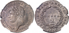 Naples, Joachim Murat (1808-1815). 2 grana 1810, Naples.
NGC MS 62 BN (5883949-002).
Av. GIOACCHINO NAPOLEONE RE DEL* DUE SICI*. Tête nue à gauche. ...