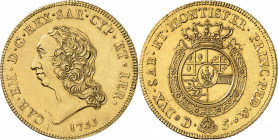 Savoie, Charles-Emmanuel III, 2e période (1755-1773). 5 doppie (carlino da 5 doppie) 1755, Turin.
Av. CAR. EM. D. G. REX. SAR. CYP. ET. IER. Tête nue...