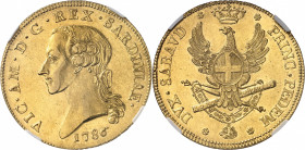 Savoie, Victor-Amédée III (1773-1796). 5 doppie (carlino da 5 doppie) 1786, Turin.
NGC AU 58+ (5783259-013).
Av. VIC. AM. D. G. REX. SARDINIAE. Tête...