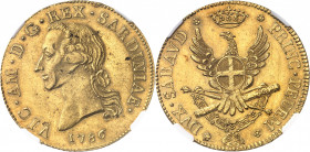 Savoie, Victor-Amédée III (1773-1796). 2,5 doppie (mezzo carlino) 1786, Turin.
NGC MS 62 (5785793-004).
Av. VIC. AM. D. G. REX. SARDINIAE. Tête nue ...