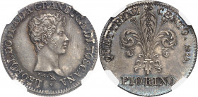 Toscane (Grand-duché de), Léopold II (1824-1859). Fiorino (100 quattrini), 1er type 1828, Florence.
NGC MS 66 (5782405-017).
Av. LEOPOLDO. II. A. D’...