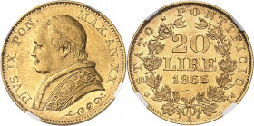 Vatican, Pie IX (1846-1878). 20 lire 1866 - An XX, R, Rome.
NGC AU 55 (5785098-001).
Av. PIVS IX PON. - MAX. AN. (date). Buste à gauche de Pie IX, a...