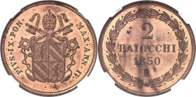 Vatican, Pie IX (1846-1878). 2 baiocchi 1850 - AN IV, R, Rome.
NGC MS 65 RB (5785098-004).
Av. PIVS. IX. PONT. MAXIMVS. AN. (date). Sur une couronne...
