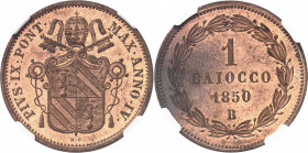 Vatican, Pie IX (1846-1878). 1 baiocco 1850 - AN IV, R, Rome.
NGC MS 65 RB (5785098-005).
Av. PIVS. IX. PONT. MAXIMVS. AN. (date). Sur une couronne ...