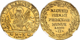 Venise, Alvise Pisani (1735-1741). Oselle de 4 sequins 1736 - An II, Venise.
NGC MS 63 (2117153-001).
Av. SANCTVS MARCVS VENETVS. Le lion de Saint M...