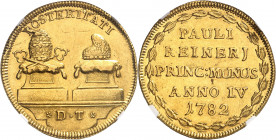 Venise, Paolo Renier (1779-1789). Oselle de 5 sequins 1782 - An IV, Venise.
NGC MS 61 (2117145-033).
Av. POSTERITATI. Sur deux socles, avec coussins...