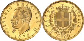 Victor-Emmanuel II (1861-1878). 100 lire 1878, R, Rome.
PCGS MS65 (82141188).
Av. VITTORIO EMANUELE II. Tête nue à gauche, au-dessous signature FERR...