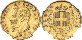 Victor-Emmanuel II (1861-1878). 20 lire 1873, R, Rome.
NGC AU 55 (5783258-015).
Av. VITTORIO EMANUELE II. Tête nue à gauche, au-dessous signature FE...