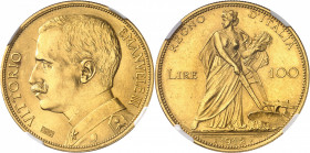 Victor-Emmanuel III (1900-1946). 100 lire Or pour l’ESPOSIZIONE INTERNAZIONALE AGRICOLA INDUSTRIALE 1912, R, Rome.
NGC MS 63 (5783258-003).
Av. VITT...