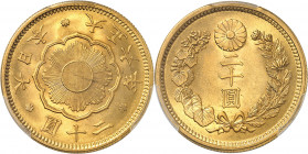Yoshihito (1912-1926). 20 yen 1917, Osaka.
PCGS MS65+ (44031028).
Av. Dans une couronne formée de deux branches, (valeur) sous une fleur de Chrysant...