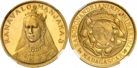 Ranavalona III (1883-1897). 5 francs, Flan bruni (PROOF) 1895, Londres (Pinches and Co).
NGC PF 62 CAMEO (6066364-049).
Av. RANAVALO MANJAKA 3. Bust...